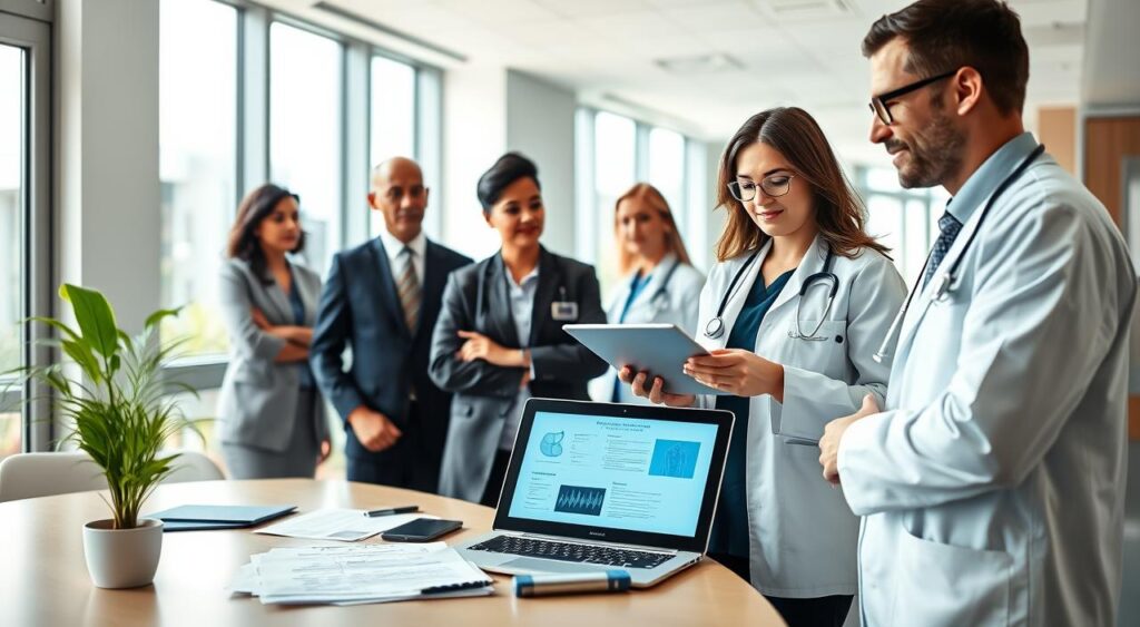 A serene and professional healthcare environment, showcasing a group of diverse doctors in smart business attire discussing a healthcare plan. In the foreground, a male and female doctor are engaged in conversation, examining a digital tablet displaying medical information. In the middle, a well-organized conference table with medical charts, a laptop, and a potted plant adds a touch of warmth. In the background, large windows allow natural light to pour in, illuminating the bright and welcoming hospital office space. The atmosphere should radiate professionalism, cooperation, and a strong focus on physician support and protection. The composition should emphasize clarity and purpose, showcasing the importance of comprehensive protection for doctors in their profession. A serene and professional healthcare environment, showcasing a group of diverse doctors in smart business attire discussing a healthcare plan. In the foreground, a male and female doctor are engaged in conversation, examining a digital tablet displaying medical information. In the middle, a well-organized conference table with medical charts, a laptop, and a potted plant adds a touch of warmth. In the background, large windows allow natural light to pour in, illuminating the bright and welcoming hospital office space. The atmosphere should radiate professionalism, cooperation, and a strong focus on physician support and protection. The composition should emphasize clarity and purpose, showcasing the importance of comprehensive protection for doctors in their profession.