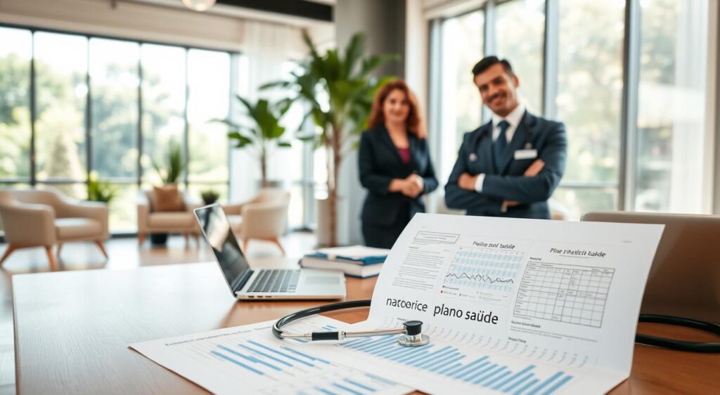A serene and professional healthcare office scene, featuring a confident doctor in professional business attire (suit and tie) discussing a health plan with a medical assistant. In the foreground, a detailed view of documents and charts related to "plano saúde", emphasizing the importance of health coverage for physicians. In the middle ground, a well-organized desk with a laptop, medical books, and a stethoscope, giving a sense of a thriving medical environment. The background showcases a modern waiting area with comfortable chairs and greenery, reflecting a welcoming atmosphere. Soft, natural lighting filters through large windows, casting a warm glow, while using a slightly elevated angle to create a dynamic perspective. The mood is optimistic and focused on the significance of having a health plan for medical professionals in Brasília. A serene and professional healthcare office scene, featuring a confident doctor in professional business attire (suit and tie) discussing a health plan with a medical assistant. In the foreground, a detailed view of documents and charts related to "plano saúde", emphasizing the importance of health coverage for physicians. In the middle ground, a well-organized desk with a laptop, medical books, and a stethoscope, giving a sense of a thriving medical environment. The background showcases a modern waiting area with comfortable chairs and greenery, reflecting a welcoming atmosphere. Soft, natural lighting filters through large windows, casting a warm glow, while using a slightly elevated angle to create a dynamic perspective. The mood is optimistic and focused on the significance of having a health plan for medical professionals in Brasília.