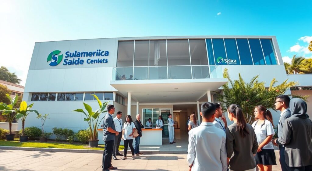 A serene, modern health facility in Porto Velho, featuring the Sulamérica Saúde logo prominently displayed on the building. In the foreground, a diverse group of healthcare professionals in professional business attire is engaging in conversation, showcasing teamwork and collaboration. The middle ground showcases a welcoming reception area with people waiting and nurses assisting, emphasizing a sense of care and support. The background features a clear, bright sky, symbolizing hope and wellness, with lush greenery surrounding the building, enhancing the inviting atmosphere. The scene is well-lit with natural sunlight streaming in, creating a warm, optimistic mood. The image is captured in a wide-angle perspective to convey a sense of openness and community.
