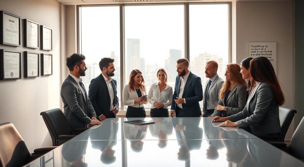 A sleek, modern office environment showcasing "Maximo Consultoria." In the foreground, a group of diverse professionals in business attire engaged in a strategic discussion around a polished conference table, with a mix of male and female members. The middle ground features a large window overlooking the bustling city of Aracaju, adding dynamism and light. The background includes framed certifications and inspirational quotes on the walls, enhancing the professional atmosphere. Soft, natural lighting illuminated by the sun creates a welcoming yet focused feel. The composition is captured from a slight angle, emphasizing teamwork and collaboration, while the overall mood is one of expertise and optimism in a consulting context. A sleek, modern office environment showcasing "Maximo Consultoria." In the foreground, a group of diverse professionals in business attire engaged in a strategic discussion around a polished conference table, with a mix of male and female members. The middle ground features a large window overlooking the bustling city of Aracaju, adding dynamism and light. The background includes framed certifications and inspirational quotes on the walls, enhancing the professional atmosphere. Soft, natural lighting illuminated by the sun creates a welcoming yet focused feel. The composition is captured from a slight angle, emphasizing teamwork and collaboration, while the overall mood is one of expertise and optimism in a consulting context.