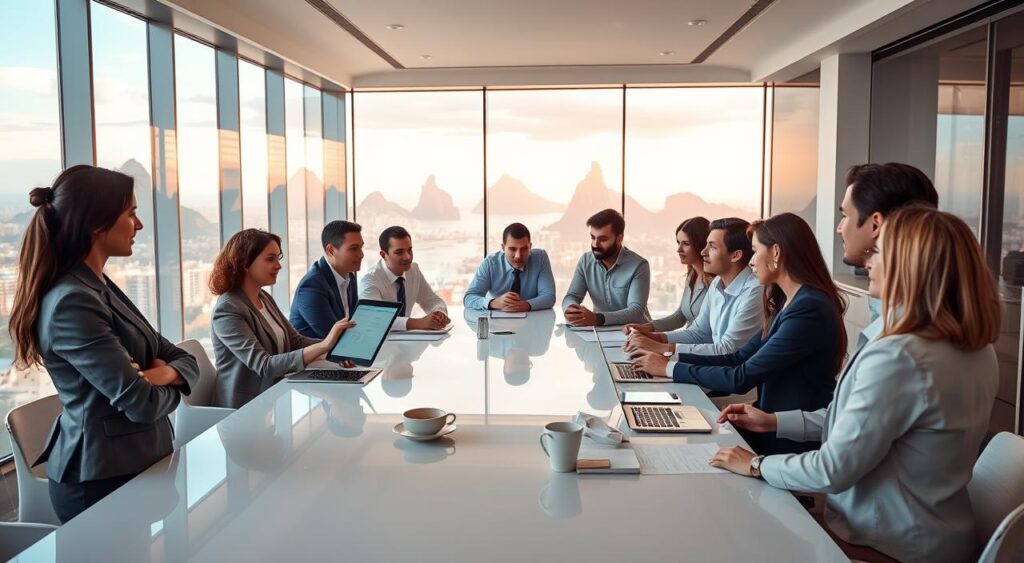 A sleek, modern office setting with a diverse group of professionals engaged in a strategic discussion around a large conference table. The foreground features a confident woman in a smart business suit highlighting a presentation on her tablet. In the middle, a diverse team of men and women in professional attire is actively participating, with notes and digital devices in front of them. The background displays floor-to-ceiling windows revealing a vibrant view of Rio de Janeiro's skyline, with iconic Sugarloaf Mountain in sight. Soft, natural lighting filters through the windows, creating an inspiring atmosphere. The mood is collaborative and focused, emphasizing a sense of expertise and specialization in business health consulting.