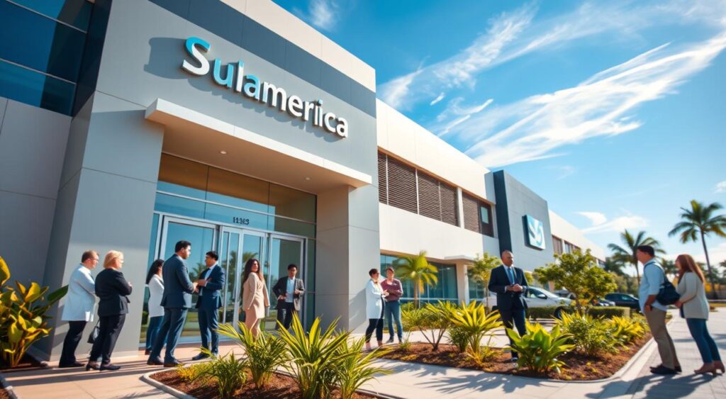 A vibrant, modern healthcare facility in Vila Velha, Brazil, featuring the Sulamérica logo prominently displayed on the building facade. In the foreground, a diverse group of medical professionals in professional business attire engaging with each other, discussing healthcare strategies. The mid-ground showcases the entrance of the facility with glass doors and welcoming landscaping, including tropical plants and well-kept pathways. In the background, the bright blue sky with a few wispy clouds enhances the positive and inviting atmosphere. The lighting is warm and natural, casting soft shadows that add depth. A wide-angle perspective captures the essence of collaboration and innovation in healthcare solutions for physicians. The mood is professional yet approachable, emphasizing a community-focused healthcare environment. A vibrant, modern healthcare facility in Vila Velha, Brazil, featuring the Sulamérica logo prominently displayed on the building facade. In the foreground, a diverse group of medical professionals in professional business attire engaging with each other, discussing healthcare strategies. The mid-ground showcases the entrance of the facility with glass doors and welcoming landscaping, including tropical plants and well-kept pathways. In the background, the bright blue sky with a few wispy clouds enhances the positive and inviting atmosphere. The lighting is warm and natural, casting soft shadows that add depth. A wide-angle perspective captures the essence of collaboration and innovation in healthcare solutions for physicians. The mood is professional yet approachable, emphasizing a community-focused healthcare environment.