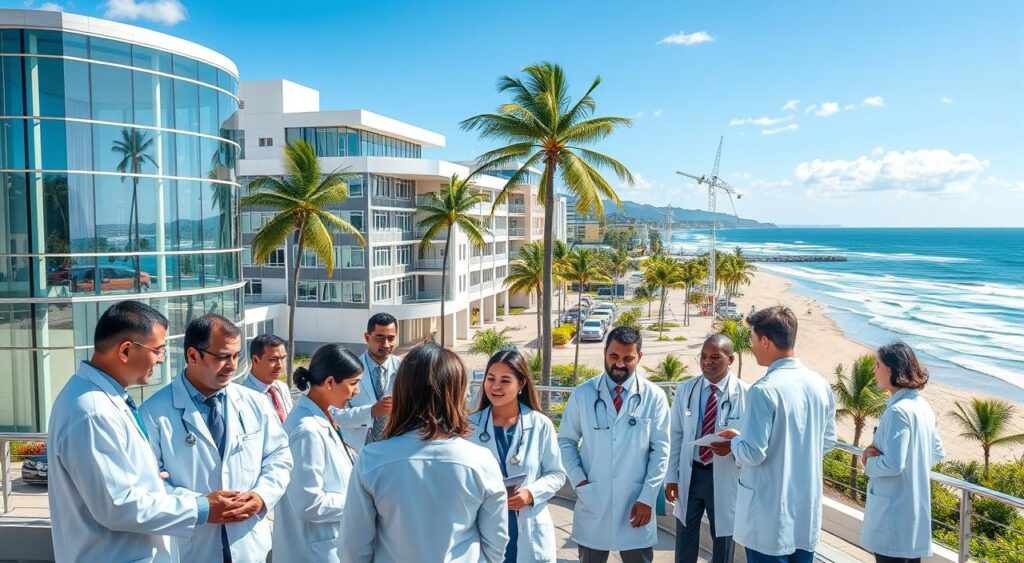 A vibrant view of João Pessoa, Brazil, showcasing a bustling medical district. In the foreground, a group of diverse doctors in professional attire are engaged in a discussion, exchanging ideas and looking at medical documents. The middle ground features modern healthcare buildings with glass facades reflecting the sunlight, symbolizing innovation in medical care. In the background, the iconic coastline of João Pessoa with white sandy beaches and palm trees under a clear blue sky adds tranquility to the scene. Soft, natural lighting illuminates the whole setting, enhancing the sense of collaboration and professionalism. The overall atmosphere is one of hope, progress, and dedication to healthcare, perfectly capturing the significance of a health plan for physicians in João Pessoa. A vibrant view of João Pessoa, Brazil, showcasing a bustling medical district. In the foreground, a group of diverse doctors in professional attire are engaged in a discussion, exchanging ideas and looking at medical documents. The middle ground features modern healthcare buildings with glass facades reflecting the sunlight, symbolizing innovation in medical care. In the background, the iconic coastline of João Pessoa with white sandy beaches and palm trees under a clear blue sky adds tranquility to the scene. Soft, natural lighting illuminates the whole setting, enhancing the sense of collaboration and professionalism. The overall atmosphere is one of hope, progress, and dedication to healthcare, perfectly capturing the significance of a health plan for physicians in João Pessoa.