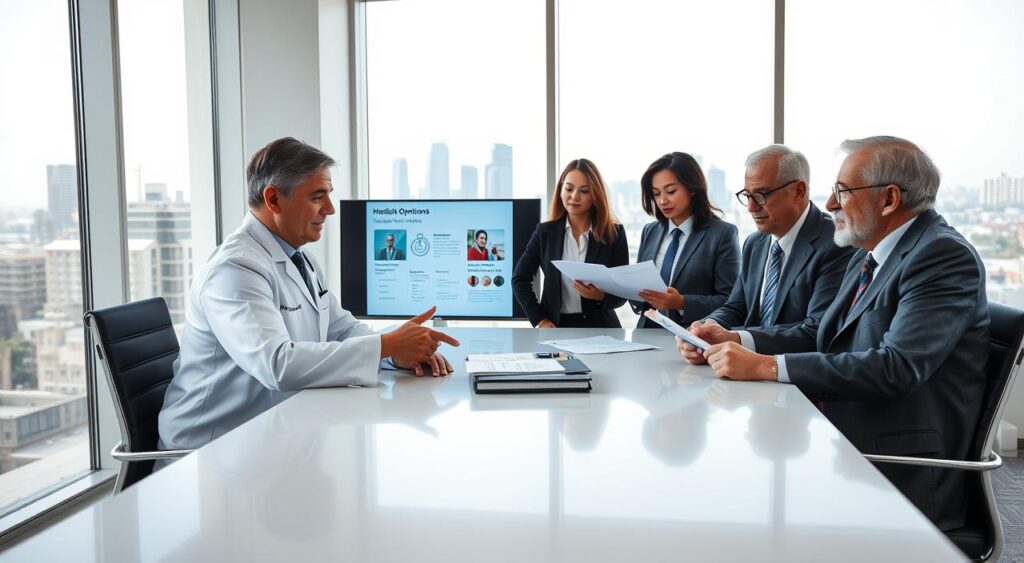 A modern and professional consulting office setting showcasing a diverse group of professionals engaged in a dynamic discussion. In the foreground, a middle-aged Brazilian doctor in a crisp white coat sits at a sleek conference table, pointing at a display screen that highlights healthcare options. Surrounding him are a young woman in smart business attire, a man in glasses analyzing documents, and an older gentleman taking notes, all appearing engaged and collaborative. The background features large windows allowing natural light to flood the room, creating a bright and inviting atmosphere. Soft, neutral colors and contemporary furnishings enhance the professional mood. A view of the Fortaleza skyline can be seen through the windows, lending a local context to the scene.