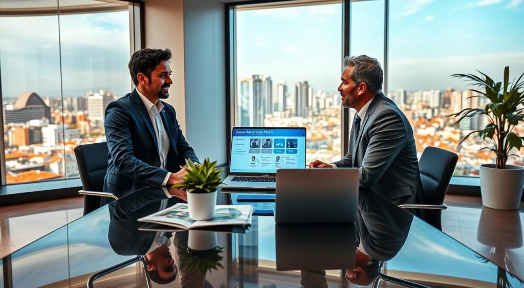A modern and professional office interior showcasing a consultation session for a Premium health plan. In the foreground, a confident financial consultant in a tailored navy blue suit, engaging with a doctor in a sharp gray professional attire, both seated at an elegant glass table. The middle ground features a large desk with health plan brochures, a laptop open to a digital presentation on the Sulamerica plan, and a potted plant adding a touch of life. In the background, large windows filtering in warm, natural light, revealing a bustling urban skyline of Salvador. Soft focus on the outer edges to emphasize the interaction while creating a welcoming and professional atmosphere. The mood is collaborative and focused, highlighting expertise in health insurance consultations. A modern and professional office interior showcasing a consultation session for a Premium health plan. In the foreground, a confident financial consultant in a tailored navy blue suit, engaging with a doctor in a sharp gray professional attire, both seated at an elegant glass table. The middle ground features a large desk with health plan brochures, a laptop open to a digital presentation on the Sulamerica plan, and a potted plant adding a touch of life. In the background, large windows filtering in warm, natural light, revealing a bustling urban skyline of Salvador. Soft focus on the outer edges to emphasize the interaction while creating a welcoming and professional atmosphere. The mood is collaborative and focused, highlighting expertise in health insurance consultations.