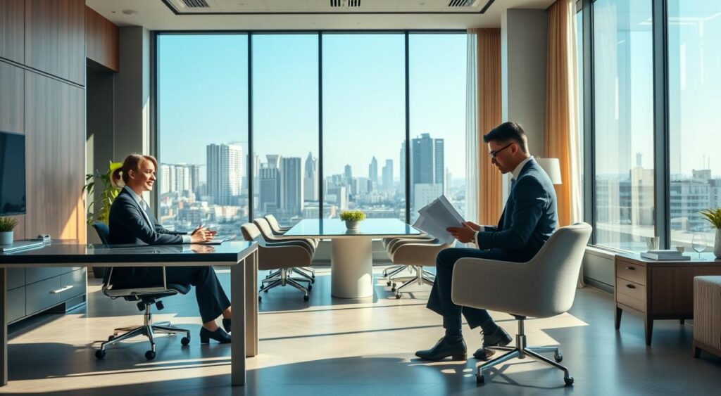A modern and sophisticated office environment showcasing a health insurance consultation scene. In the foreground, a professional consultant in business attire is seated at a sleek, contemporary desk, engaging with a client, also in professional clothing, who is attentively reviewing paperwork. The middle ground features an elegant conference table surrounded by plush chairs and minimalist decor, emphasizing a premium feel. In the background, large windows let in natural light, illuminating a cityscape of Curitiba, Brazil, with recognizable landmarks peeking through a clear blue sky. The atmosphere is welcoming yet professional, conveying trust and reliability, ideal for a high-end health insurance service. Include soft shadowing for depth and a warm color palette to enhance warmth and approachability. A modern and sophisticated office environment showcasing a health insurance consultation scene. In the foreground, a professional consultant in business attire is seated at a sleek, contemporary desk, engaging with a client, also in professional clothing, who is attentively reviewing paperwork. The middle ground features an elegant conference table surrounded by plush chairs and minimalist decor, emphasizing a premium feel. In the background, large windows let in natural light, illuminating a cityscape of Curitiba, Brazil, with recognizable landmarks peeking through a clear blue sky. The atmosphere is welcoming yet professional, conveying trust and reliability, ideal for a high-end health insurance service. Include soft shadowing for depth and a warm color palette to enhance warmth and approachability.
