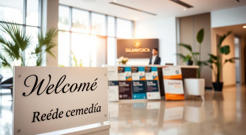 A modern healthcare office setting in Manaus, Brazil, showcasing a professional-looking reception area with a sleek desk and friendly staff member dressed in business attire. In the foreground, a welcoming sign reads “Rede Credenciada Sulamérica” in an elegant font. The middle ground features various informational brochures about health and life insurance plans, tastefully arranged. In the background, large windows allow warm, natural light to fill the room, creating an inviting and calm atmosphere. The decor incorporates subtle tropical elements, reflecting the local culture. The overall mood is professional and reassuring, emphasizing quality healthcare services in a modern, urban environment. The perspective is slightly tilted, drawing the viewer's eye toward the sign and the reception area.