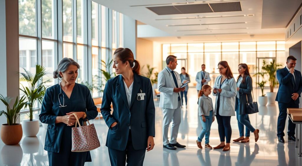 A modern hospital setting in Recife, showcasing a bustling reception area with healthcare professionals in professional business attire interacting with patients. In the foreground, a compassionate nurse is assisting an elderly patient, while a doctor discusses care with a young family nearby. The middle ground features a bright, welcoming waiting area filled with natural light from large windows, adorned with potted plants. In the background, sleek architecture of the hospital can be seen, emphasizing its modern design. The atmosphere is calm and reassuring, conveying a sense of trust and care. Use warm lighting to create an inviting mood, capturing a wide-angle view to illustrate the vibrant environment of Sulamérica healthcare. A modern hospital setting in Recife, showcasing a bustling reception area with healthcare professionals in professional business attire interacting with patients. In the foreground, a compassionate nurse is assisting an elderly patient, while a doctor discusses care with a young family nearby. The middle ground features a bright, welcoming waiting area filled with natural light from large windows, adorned with potted plants. In the background, sleek architecture of the hospital can be seen, emphasizing its modern design. The atmosphere is calm and reassuring, conveying a sense of trust and care. Use warm lighting to create an inviting mood, capturing a wide-angle view to illustrate the vibrant environment of Sulamérica healthcare.