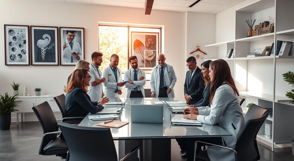 A modern office environment in Nova Iguaçu, featuring a professional medical consultancy scene. In the foreground, a diverse group of doctors, dressed in professional business attire, are engaged in a discussion around a sleek conference table filled with medical documents and a laptop. The middle layer shows a large window with sunlight streaming in, casting a warm glow that creates a welcoming atmosphere. In the background, tasteful healthcare-themed artwork adorns the walls, and shelves are lined with medical books and certificates. The mood is collaborative and focused, capturing the essence of specialized consultancy for healthcare professionals. The image is well-lit, with a bright, airy feel, emphasizing a sense of professionalism and expertise in the field. A modern office environment in Nova Iguaçu, featuring a professional medical consultancy scene. In the foreground, a diverse group of doctors, dressed in professional business attire, are engaged in a discussion around a sleek conference table filled with medical documents and a laptop. The middle layer shows a large window with sunlight streaming in, casting a warm glow that creates a welcoming atmosphere. In the background, tasteful healthcare-themed artwork adorns the walls, and shelves are lined with medical books and certificates. The mood is collaborative and focused, capturing the essence of specialized consultancy for healthcare professionals. The image is well-lit, with a bright, airy feel, emphasizing a sense of professionalism and expertise in the field.