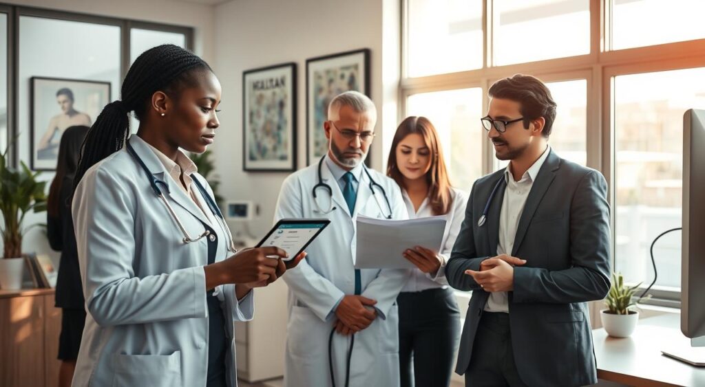A modern, professional workspace in a medical office setting in Campinas, Brazil, featuring a group of diverse medical professionals in business attire engaged in a discussion. In the foreground, an African-American female doctor points to a digital tablet displaying health plan options. The middle comprises a white male physician reviewing paperwork, surrounded by medical equipment and tasteful artwork related to healthcare. The background includes large windows allowing warm, natural light to flood the room, creating an inviting atmosphere. Soft shadows enhance the image's depth, capturing the urgency and professionalism of healthcare. The overall mood conveys collaboration and innovation, perfectly illustrating the expertise associated with SulAmérica Profissões for doctors. The focus on professionalism and health reinforces the subject matter effectively. A modern, professional workspace in a medical office setting in Campinas, Brazil, featuring a group of diverse medical professionals in business attire engaged in a discussion. In the foreground, an African-American female doctor points to a digital tablet displaying health plan options. The middle comprises a white male physician reviewing paperwork, surrounded by medical equipment and tasteful artwork related to healthcare. The background includes large windows allowing warm, natural light to flood the room, creating an inviting atmosphere. Soft shadows enhance the image's depth, capturing the urgency and professionalism of healthcare. The overall mood conveys collaboration and innovation, perfectly illustrating the expertise associated with SulAmérica Profissões for doctors. The focus on professionalism and health reinforces the subject matter effectively.