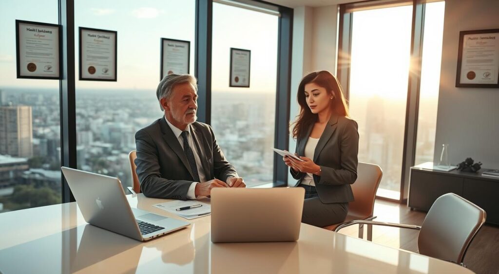 A professional consultant in a sleek, modern office, sitting at a stylish desk with a laptop open and documents spread out. The consultant, a middle-aged man in a tailored suit, is engaged in a conversation with a young woman, dressed in a smart business outfit, who is taking notes on a notepad. In the background, a large window reveals a cityscape of Campinas, with soft, warm sunlight streaming in, creating an inviting atmosphere. On the walls, framed certificates and posters related to health plans and insurance are displayed, adding a professional touch. The scene conveys an air of expertise, trust, and premium quality service focused on health plan consultations. A professional consultant in a sleek, modern office, sitting at a stylish desk with a laptop open and documents spread out. The consultant, a middle-aged man in a tailored suit, is engaged in a conversation with a young woman, dressed in a smart business outfit, who is taking notes on a notepad. In the background, a large window reveals a cityscape of Campinas, with soft, warm sunlight streaming in, creating an inviting atmosphere. On the walls, framed certificates and posters related to health plans and insurance are displayed, adding a professional touch. The scene conveys an air of expertise, trust, and premium quality service focused on health plan consultations.