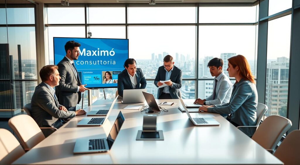 A professional consultant in business attire, engaged in a dynamic discussion with a group of focused business executives in a modern office setting. The foreground features a sleek conference table with laptops, notepads, and a large presentation screen displaying "Maximo Consultoria" and health plan graphics. In the middle ground, visible team members are analyzing documents and exchanging ideas, showcasing collaboration and expert consultation. The background presents a panoramic view of the cityscape of Uberlândia through large windows, under soft natural light that creates an inviting atmosphere. The mood is one of professionalism, innovation, and trust. The angle is from slightly above the conference table, allowing a clear view of both the interaction and the city outside, creating a sense of progress and partnership.
