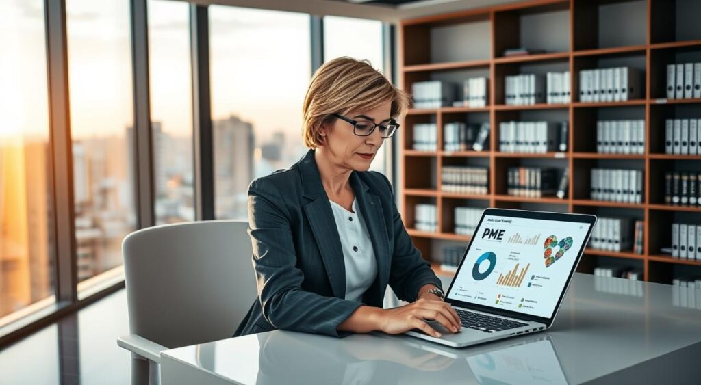 A professional consultant in business attire sits at a sleek, modern desk in a well-lit office, surrounded by charts and diagrams related to health plans. In the foreground, a laptop brightens with graphs representing PME health plan data. The consultant, a middle-aged woman with short hair, focuses intently on the screen, highlighting the importance of specialized consulting in healthcare. In the middle, a large window reveals a cityscape of Duque de Caxias, bathed in soft golden hour light, contributing to an optimistic atmosphere. Bookshelves lined with health policy books occupy the background, enhancing the professional feel. The overall mood is one of collaboration and expertise, showcasing the essence of consultancy for PME health plans. A professional consultant in business attire sits at a sleek, modern desk in a well-lit office, surrounded by charts and diagrams related to health plans. In the foreground, a laptop brightens with graphs representing PME health plan data. The consultant, a middle-aged woman with short hair, focuses intently on the screen, highlighting the importance of specialized consulting in healthcare. In the middle, a large window reveals a cityscape of Duque de Caxias, bathed in soft golden hour light, contributing to an optimistic atmosphere. Bookshelves lined with health policy books occupy the background, enhancing the professional feel. The overall mood is one of collaboration and expertise, showcasing the essence of consultancy for PME health plans.