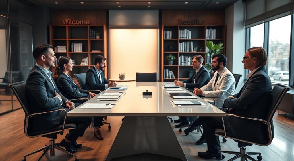 A professional consultant's office featuring an elegant meeting room, where a group of doctors in business attire engages in discussion about healthcare plans. In the foreground, a sleek conference table is surrounded by modern chairs, elegantly arranged with medical documents and digital devices. The middle ground shows a large window with soft, natural light streaming in, illuminating the room and creating a warm, inviting atmosphere. The background features a stylish bookshelf filled with healthcare literature and a welcoming plant. The ambiance is sophisticated and focused, capturing the essence of premium consulting services for healthcare professionals in Porto Alegre. The image is shot with a slight tilt to emphasize the collaborative environment, using a soft-focus lens to enhance depth. A professional consultant's office featuring an elegant meeting room, where a group of doctors in business attire engages in discussion about healthcare plans. In the foreground, a sleek conference table is surrounded by modern chairs, elegantly arranged with medical documents and digital devices. The middle ground shows a large window with soft, natural light streaming in, illuminating the room and creating a warm, inviting atmosphere. The background features a stylish bookshelf filled with healthcare literature and a welcoming plant. The ambiance is sophisticated and focused, capturing the essence of premium consulting services for healthcare professionals in Porto Alegre. The image is shot with a slight tilt to emphasize the collaborative environment, using a soft-focus lens to enhance depth.