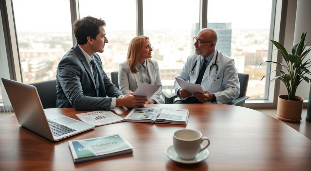 A professional consultation scene in a modern office setting, featuring a well-dressed consultant discussing health insurance options with a physician. The foreground shows a polished wooden desk with a laptop open, health plan brochures clearly visible, and a coffee cup. In the middle, a confident consultant and a focused physician sit across from each other, both dressed in business attire, engaged in conversation. The background displays a large window with a scenic view of São Luís, letting in soft, natural light. The atmosphere is professional and welcoming, emphasizing trust and expertise in health management. The image should capture a sense of collaboration and professionalism, with warm tones to convey a positive mood. A professional consultation scene in a modern office setting, featuring a well-dressed consultant discussing health insurance options with a physician. The foreground shows a polished wooden desk with a laptop open, health plan brochures clearly visible, and a coffee cup. In the middle, a confident consultant and a focused physician sit across from each other, both dressed in business attire, engaged in conversation. The background displays a large window with a scenic view of São Luís, letting in soft, natural light. The atmosphere is professional and welcoming, emphasizing trust and expertise in health management. The image should capture a sense of collaboration and professionalism, with warm tones to convey a positive mood.