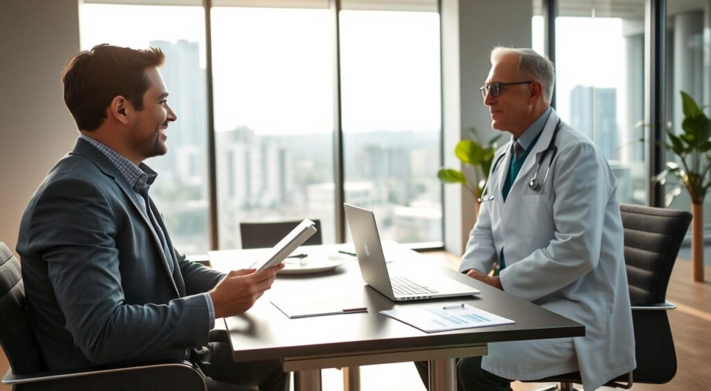 A professional consultation scene in a modern office setting related to health insurance in Manaus. In the foreground, a friendly business consultant in professional attire, holding a tablet, is engaged in conversation with a middle-aged doctor in a white coat, discussing health plan options. In the middle ground, a sleek desk with health insurance brochures, a laptop, and a small potted plant creates a warm, inviting atmosphere. The background features large windows with natural light streaming in, showcasing a view of urban Manaus. The lighting is soft and professional, emphasizing the collaborative mood of the consultation. The overall atmosphere communicates trust, expertise, and professionalism without any text or branding elements.