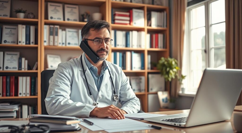 A professional doctor on the phone, wearing a white lab coat and a stethoscope, sitting at a modern office desk cluttered with medical papers and a laptop. The doctor has a focused expression, highlighting their engagement in a consultation. In the background, a softly lit bookshelf filled with medical books and certifications creates a scholarly atmosphere. Warm, natural light streams in from a window, casting gentle shadows and enhancing the welcoming mood. The angle is slightly from above, capturing both the doctor’s concentration and the organized surroundings. There are no distracting elements; the emphasis is on the consultation aspect that signifies the importance of specialized consulting for medical professionals in Belém.