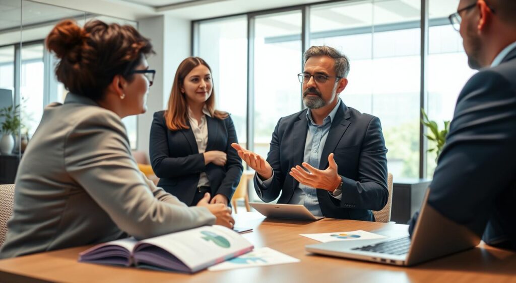 A professional health consultancy scene set in Sorocaba, Brazil, showcasing an experienced consultant in smart business attire, engaged in discussion with a client. The foreground features a modern office desk with health brochures and a laptop displaying health plans. In the middle ground, a confident consultant gestures as they explain complex health insurance options, reflecting expertise and trust. The background reveals a contemporary office environment with large windows letting natural light in, creating a warm and inviting atmosphere. Use soft, bright lighting to enhance the professional mood. Capture the image from a slightly elevated angle to emphasize the interaction, focusing on the expressions of the consultant and client for a personal touch. A professional health consultancy scene set in Sorocaba, Brazil, showcasing an experienced consultant in smart business attire, engaged in discussion with a client. The foreground features a modern office desk with health brochures and a laptop displaying health plans. In the middle ground, a confident consultant gestures as they explain complex health insurance options, reflecting expertise and trust. The background reveals a contemporary office environment with large windows letting natural light in, creating a warm and inviting atmosphere. Use soft, bright lighting to enhance the professional mood. Capture the image from a slightly elevated angle to emphasize the interaction, focusing on the expressions of the consultant and client for a personal touch.