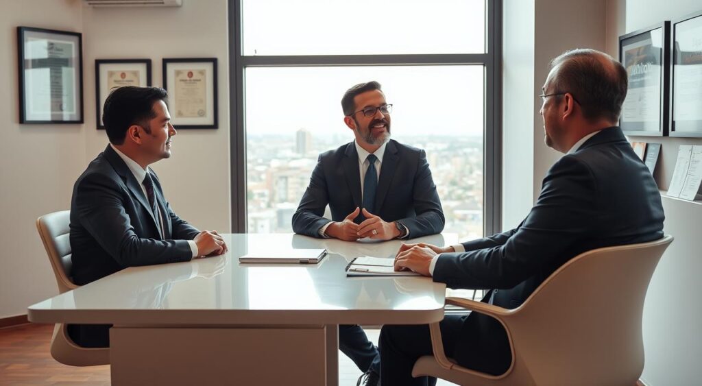 A professional healthcare consultation scene set in a modern office environment. In the foreground, a well-dressed male doctor, wearing a tailored suit, is seated at a sleek desk, engaged in a focused discussion with a business consultant, who is also in professional attire. The middle ground features a large window with natural light streaming in, overlooking a vibrant cityscape of São Gonçalo. The background includes framed certificates and health plan brochures, emphasizing the specialized consulting services. The lighting is bright and inviting, with warm tones creating a calm and professional atmosphere. The camera angle is slightly elevated, capturing the interaction between the two professionals and the detailed workspace, conveying a sense of trust and expertise in the healthcare consulting field. A professional healthcare consultation scene set in a modern office environment. In the foreground, a well-dressed male doctor, wearing a tailored suit, is seated at a sleek desk, engaged in a focused discussion with a business consultant, who is also in professional attire. The middle ground features a large window with natural light streaming in, overlooking a vibrant cityscape of São Gonçalo. The background includes framed certificates and health plan brochures, emphasizing the specialized consulting services. The lighting is bright and inviting, with warm tones creating a calm and professional atmosphere. The camera angle is slightly elevated, capturing the interaction between the two professionals and the detailed workspace, conveying a sense of trust and expertise in the healthcare consulting field.