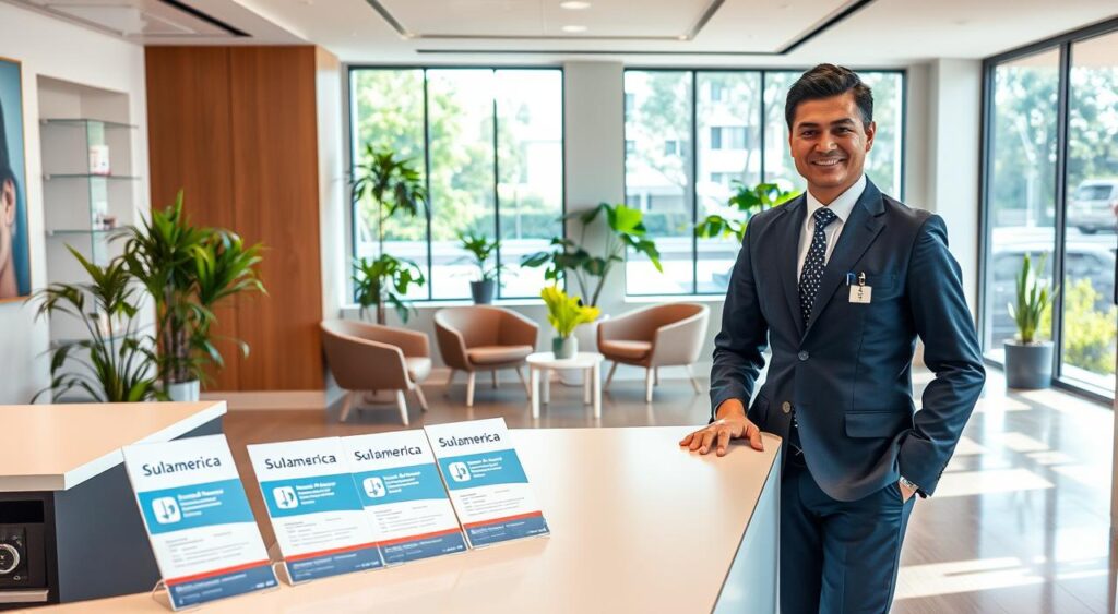 A professional healthcare office in Belo Horizonte, Brazil, showcasing a modern and welcoming environment. In the foreground, a smiling healthcare professional in business attire stands beside a sleek desk with health plan brochures prominently displayed, clearly labeled with the Sulamerica logo. The middle ground features a comfortable waiting area with stylish chairs and plants, providing a sense of calm. The background displays large windows allowing natural sunlight to fill the space, enhancing the cheerful atmosphere. The overall lighting is bright and inviting, with warm tones that emphasize trust and professionalism. Capture this scene from a slightly elevated angle to convey openness, suggesting accessibility and approachability in the healthcare setting. A professional healthcare office in Belo Horizonte, Brazil, showcasing a modern and welcoming environment. In the foreground, a smiling healthcare professional in business attire stands beside a sleek desk with health plan brochures prominently displayed, clearly labeled with the Sulamerica logo. The middle ground features a comfortable waiting area with stylish chairs and plants, providing a sense of calm. The background displays large windows allowing natural sunlight to fill the space, enhancing the cheerful atmosphere. The overall lighting is bright and inviting, with warm tones that emphasize trust and professionalism. Capture this scene from a slightly elevated angle to convey openness, suggesting accessibility and approachability in the healthcare setting.