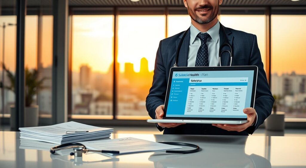 A professional healthcare setting featuring a confident male doctor in a neatly tailored suit, displaying a laptop with the Sulamérica health plan interface open. In the foreground, a stethoscope lies next to a set of medical charts. The middle ground showcases a modern clinic with soft, warm lighting, emphasizing the trust and professionalism of healthcare services. In the background, a large window reveals a view of Curitiba’s skyline bathed in golden sunset light, symbolizing hope and security. The mood is one of assurance and calm, reflecting the importance of health insurance and life protection for independent professionals. The composition should be well-balanced, with a focus on the doctor, showcasing his expertise and commitment to patient care. A professional healthcare setting featuring a confident male doctor in a neatly tailored suit, displaying a laptop with the Sulamérica health plan interface open. In the foreground, a stethoscope lies next to a set of medical charts. The middle ground showcases a modern clinic with soft, warm lighting, emphasizing the trust and professionalism of healthcare services. In the background, a large window reveals a view of Curitiba’s skyline bathed in golden sunset light, symbolizing hope and security. The mood is one of assurance and calm, reflecting the importance of health insurance and life protection for independent professionals. The composition should be well-balanced, with a focus on the doctor, showcasing his expertise and commitment to patient care.