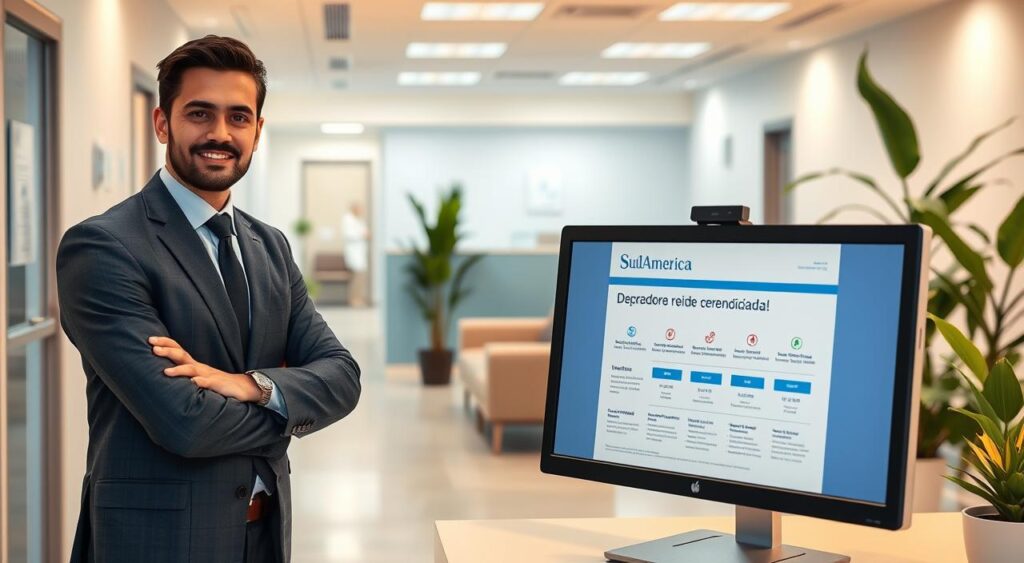 A professional healthcare setting showcasing a "rede credenciada" for medical professionals. In the foreground, a confident physician in business attire stands beside a computer displaying the Sulamerica health plan information. The middle ground shows a modern hospital or clinic environment with well-organized consultation rooms and medical charts on the walls. In the background, a serene waiting area with comfortable seating and healthy plants provides an inviting atmosphere. Soft, warm lighting enhances the professionalism of the scene, giving it a welcoming feel. The shot is taken at a slight angle to emphasize depth and perspective, capturing a sense of trust and quality in healthcare services. A professional healthcare setting showcasing a "rede credenciada" for medical professionals. In the foreground, a confident physician in business attire stands beside a computer displaying the Sulamerica health plan information. The middle ground shows a modern hospital or clinic environment with well-organized consultation rooms and medical charts on the walls. In the background, a serene waiting area with comfortable seating and healthy plants provides an inviting atmosphere. Soft, warm lighting enhances the professionalism of the scene, giving it a welcoming feel. The shot is taken at a slight angle to emphasize depth and perspective, capturing a sense of trust and quality in healthcare services.