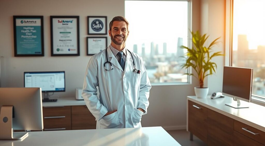 A professional-looking doctor in a white lab coat, standing confidently in a modern medical office in Belém, Brazil. The foreground features a sleek desk with medical equipment and a computer displaying health plan information. In the middle ground, there’s a wall with certificates and a logo of SulAmerica prominently displayed. The background shows a window with a view of Belém’s skyline, bathed in warm afternoon light that adds a welcoming atmosphere. The scene is captured with a slightly tilted angle that gives depth, using bright, natural lighting to enhance the professionalism of the setting. The mood is one of trust and expertise, emphasizing the exclusivity of the health plan for registered doctors with CNPJ.