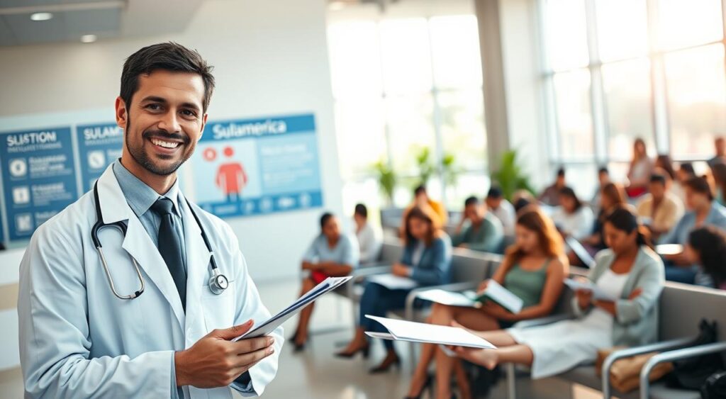 A professional medical environment showcasing a "rede credenciada" for Sulamerica health plans in Fortaleza. The foreground features a friendly, professional-looking doctor in business attire, reviewing patient files. The middle section includes a modern reception area with clear signage indicating various healthcare services offered by the network. In the background, sunlight filters through large windows, illuminating a waiting area filled with patients of diverse backgrounds, all engaged in conversations or reading quietly. The atmosphere is warm and welcoming, conveying trust and professionalism. The image should be bright and well-lit, using a shallow depth of field to focus on the doctor while softly blurring the surroundings. The overall mood is reassuring and vibrant, emphasizing the quality of care provided by Sulamerica.