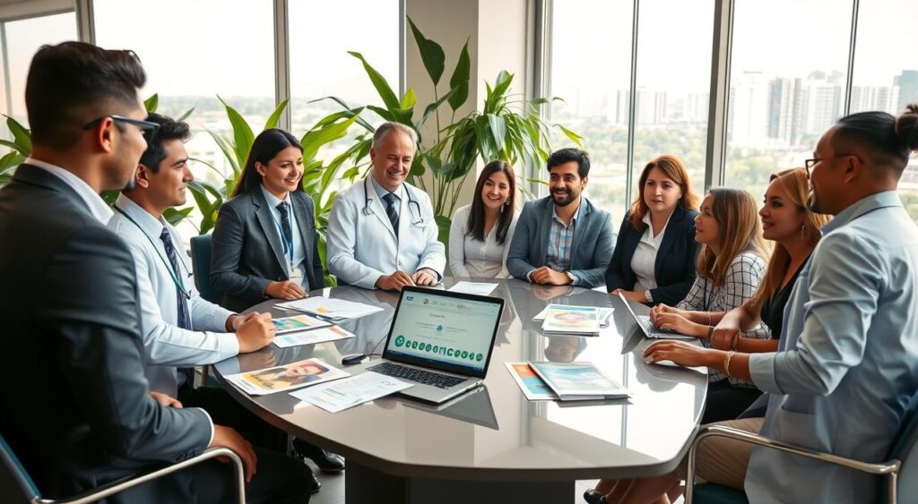 A professional medical meeting in an upscale office setting in Uberlândia. In the foreground, a diverse group of healthcare professionals, including a Brazilian doctor and various beneficiaries, are gathered around a sleek conference table covered with health plan brochures and a laptop showing the Sulamerica plan details. They all wear professional business attire, engaged in discussion, conveying collaboration and support. The middle background features lush plants and a large window with soft natural light streaming in, highlighting a bright, inviting atmosphere. In the background, the cityscape of Uberlândia is visible, showcasing a blend of urban buildings and green spaces. The overall mood is positive, focused on healthcare and community well-being.