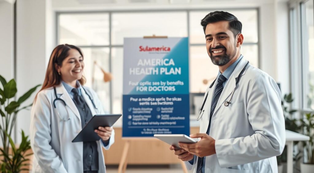 A professional medical office setting in São Gonçalo, focusing on the concept of a healthcare plan. In the foreground, a confident physician in a tailored lab coat, holding a tablet, discussing with a patient who appears reassured. In the middle, display an elegantly designed promotional poster for Sulamerica Health Plan, emphasizing its benefits for doctors. The background should include bright, welcoming elements like large windows letting in natural light, plants, and modern medical equipment, creating an atmosphere of trust and professionalism. Use soft lighting to evoke calmness and optimism. The angle should be slightly above eye level to capture the interaction clearly, emphasizing the connection between healthcare professionals and their patients. A professional medical office setting in São Gonçalo, focusing on the concept of a healthcare plan. In the foreground, a confident physician in a tailored lab coat, holding a tablet, discussing with a patient who appears reassured. In the middle, display an elegantly designed promotional poster for Sulamerica Health Plan, emphasizing its benefits for doctors. The background should include bright, welcoming elements like large windows letting in natural light, plants, and modern medical equipment, creating an atmosphere of trust and professionalism. Use soft lighting to evoke calmness and optimism. The angle should be slightly above eye level to capture the interaction clearly, emphasizing the connection between healthcare professionals and their patients.