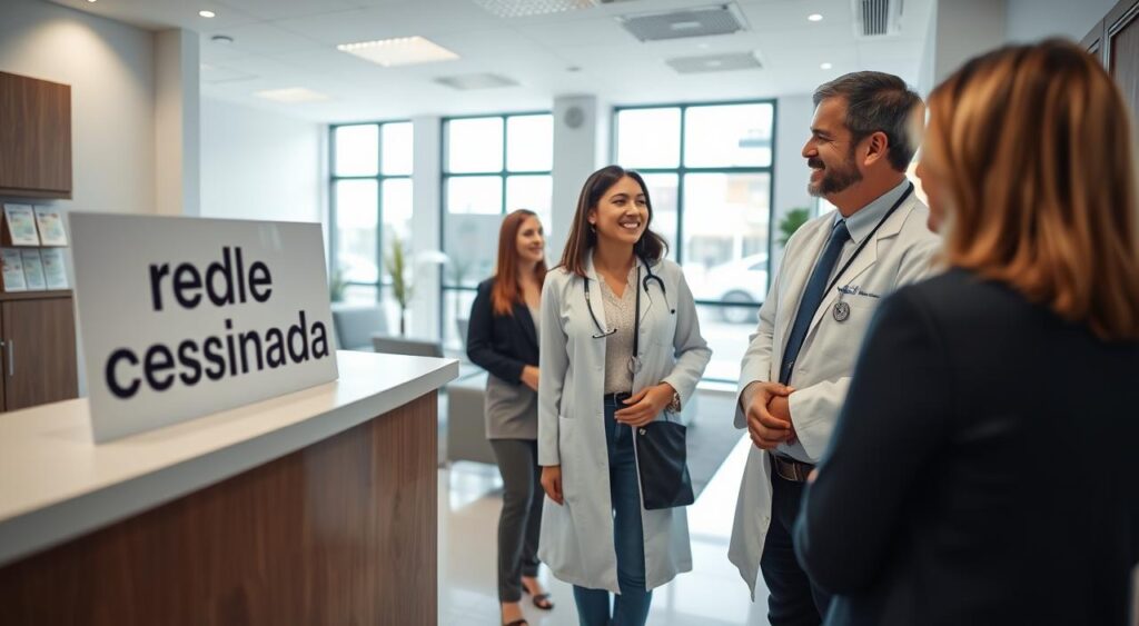 A professional, modern medical office in Porto Alegre, Brazil, showcasing a "rede credenciada" sign prominently displayed at the reception desk. In the foreground, a friendly doctor in a crisp white coat and business attire engages with a patient, both smiling, conveying trust and understanding. The middle ground features a sleek waiting area with contemporary furniture and medical pamphlets neatly organized. The background includes windows allowing natural light to flood the space, creating a warm and welcoming atmosphere. The lighting is bright and inviting, emphasizing the professionalism of the healthcare setting. Capture this scene from a slightly elevated angle to provide depth, while maintaining focus on the interaction between the doctor and the patient. A professional, modern medical office in Porto Alegre, Brazil, showcasing a "rede credenciada" sign prominently displayed at the reception desk. In the foreground, a friendly doctor in a crisp white coat and business attire engages with a patient, both smiling, conveying trust and understanding. The middle ground features a sleek waiting area with contemporary furniture and medical pamphlets neatly organized. The background includes windows allowing natural light to flood the space, creating a warm and welcoming atmosphere. The lighting is bright and inviting, emphasizing the professionalism of the healthcare setting. Capture this scene from a slightly elevated angle to provide depth, while maintaining focus on the interaction between the doctor and the patient.