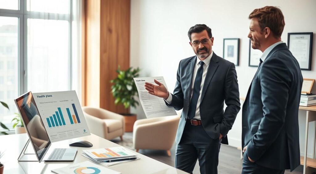 A professional office environment exuding excellence, featuring a well-dressed consultant in a smart business suit engaged in a discussion with a client. The consultant, a middle-aged male, displays confidence and expertise, gesturing towards a chart displaying health plan benefits. In the foreground, a sleek desk with modern technology and health brochures is visible. The middle ground showcases an inviting meeting space with soft, natural light filtering through large windows, emphasizing a sense of trust and professionalism. The background includes subtle decorations, such as framed awards and diplomas, highlighting the prestige of the Maximo Consultoria brand. The overall atmosphere is warm yet sophisticated, aiming to inspire confidence in premium health plans. The image should be brightly lit, captured from a slightly elevated angle to emphasize the interaction. A professional office environment exuding excellence, featuring a well-dressed consultant in a smart business suit engaged in a discussion with a client. The consultant, a middle-aged male, displays confidence and expertise, gesturing towards a chart displaying health plan benefits. In the foreground, a sleek desk with modern technology and health brochures is visible. The middle ground showcases an inviting meeting space with soft, natural light filtering through large windows, emphasizing a sense of trust and professionalism. The background includes subtle decorations, such as framed awards and diplomas, highlighting the prestige of the Maximo Consultoria brand. The overall atmosphere is warm yet sophisticated, aiming to inspire confidence in premium health plans. The image should be brightly lit, captured from a slightly elevated angle to emphasize the interaction.