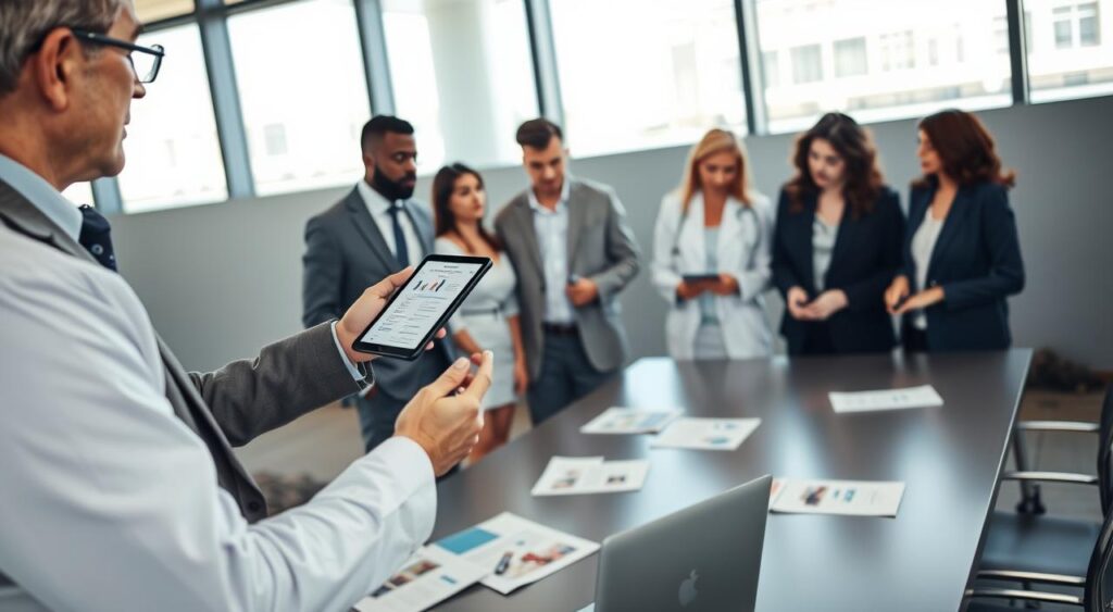 A professional office environment showcasing a consultation in progress. In the foreground, a well-dressed healthcare consultant, wearing a tailored blazer and glasses, gestures towards a digital tablet displaying healthcare information. Beside them, a group of diverse professionals in business attire (a doctor, a lawyer, and a businesswoman) attentively engage in the discussion, using pens and notepads. The middle ground features a sleek conference table with medical brochures and a laptop. In the background, large windows allow natural light to flood the room, creating an inviting and warm atmosphere. The scene conveys a sense of collaboration and expertise, emphasizing the specialized consulting for healthcare plans. Aim for a sharp focus with a slight depth of field, enhancing the professional setting. A professional office environment showcasing a consultation in progress. In the foreground, a well-dressed healthcare consultant, wearing a tailored blazer and glasses, gestures towards a digital tablet displaying healthcare information. Beside them, a group of diverse professionals in business attire (a doctor, a lawyer, and a businesswoman) attentively engage in the discussion, using pens and notepads. The middle ground features a sleek conference table with medical brochures and a laptop. In the background, large windows allow natural light to flood the room, creating an inviting and warm atmosphere. The scene conveys a sense of collaboration and expertise, emphasizing the specialized consulting for healthcare plans. Aim for a sharp focus with a slight depth of field, enhancing the professional setting.