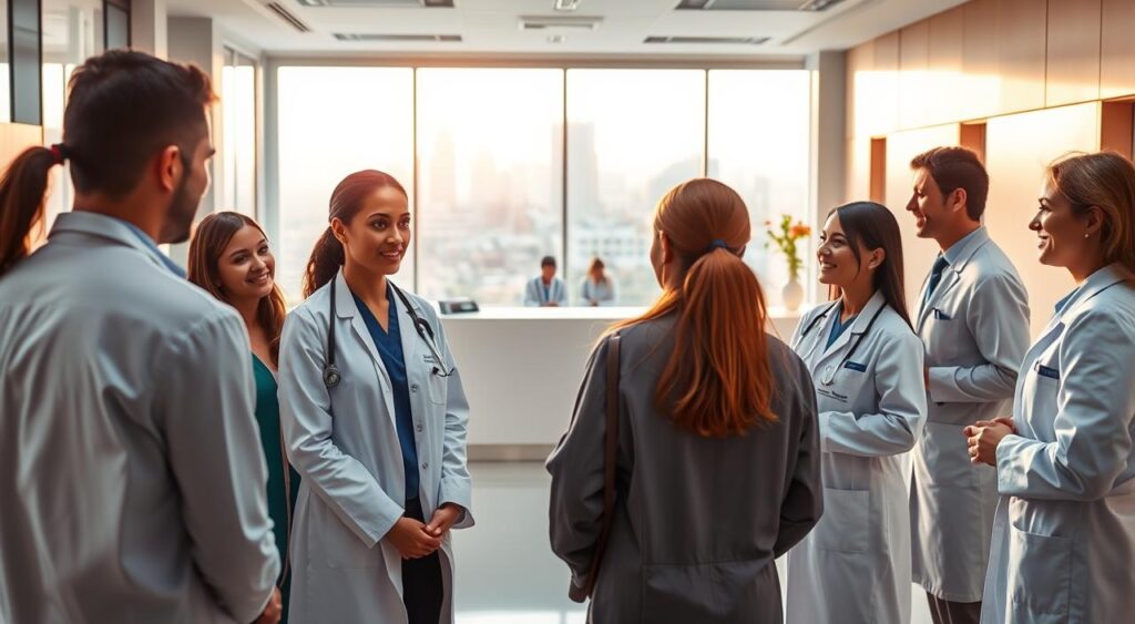 A professional scene showcasing the hospital plan "Sulamérica Saúde" in Nova Iguaçu. In the foreground, a group of diverse doctors, dressed in professional business attire, engage in a discussion with patients, illustrating a collaborative healthcare environment. They are surrounded by modern medical equipment and charts, conveying a sense of advanced healthcare services. In the middle ground, a well-lit reception area with friendly staff at a sleek desk, welcoming visitors. The background features a large window with a view of Nova Iguaçu’s skyline, bathed in warm afternoon light. The atmosphere is inviting and professional, emphasizing trust and care in healthcare services. The image should be bright and positive, capturing the essence of medical professionalism without any text or distractions. A professional scene showcasing the hospital plan "Sulamérica Saúde" in Nova Iguaçu. In the foreground, a group of diverse doctors, dressed in professional business attire, engage in a discussion with patients, illustrating a collaborative healthcare environment. They are surrounded by modern medical equipment and charts, conveying a sense of advanced healthcare services. In the middle ground, a well-lit reception area with friendly staff at a sleek desk, welcoming visitors. The background features a large window with a view of Nova Iguaçu’s skyline, bathed in warm afternoon light. The atmosphere is inviting and professional, emphasizing trust and care in healthcare services. The image should be bright and positive, capturing the essence of medical professionalism without any text or distractions.
