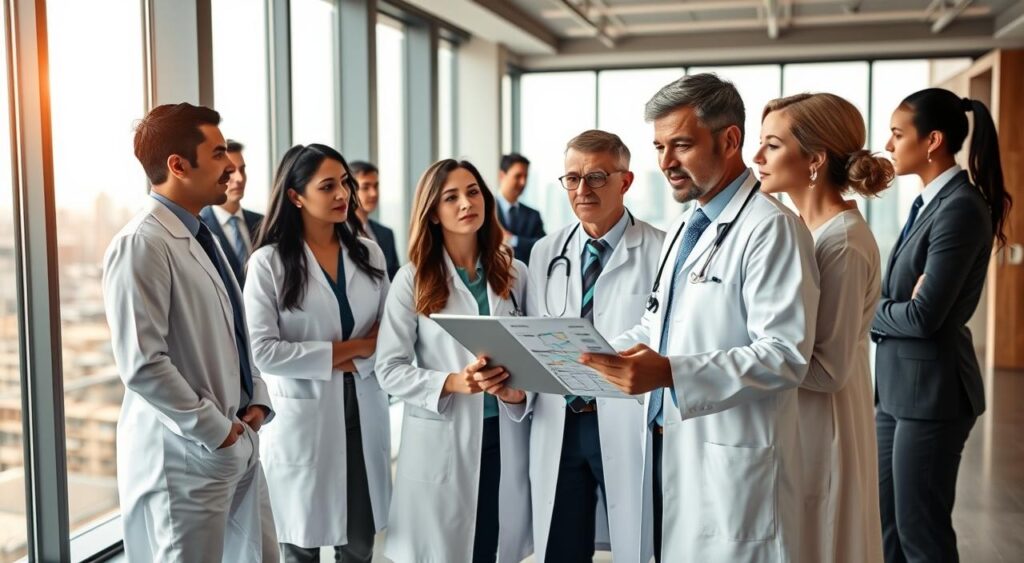 A professional setting featuring a diverse group of male and female doctors in modern business attire, engaged in a collaborative discussion. In the foreground, two doctors, one holding a tablet and the other pointing to a detailed chart, display a sense of focus and teamwork. In the middle ground, a sleek, contemporary office environment with large windows allowing soft, natural light to pour in, illuminating the space. In the background, a city skyline could be faintly visible, symbolizing Goiânia's urban landscape. The overall atmosphere is one of professionalism and exclusivity, emphasizing the specialized health plan for active registered physicians in Brazil, presented with a poetic balance of warmth and clarity, captured in a wide lens angle that creates an inviting yet sophisticated mood. A professional setting featuring a diverse group of male and female doctors in modern business attire, engaged in a collaborative discussion. In the foreground, two doctors, one holding a tablet and the other pointing to a detailed chart, display a sense of focus and teamwork. In the middle ground, a sleek, contemporary office environment with large windows allowing soft, natural light to pour in, illuminating the space. In the background, a city skyline could be faintly visible, symbolizing Goiânia's urban landscape. The overall atmosphere is one of professionalism and exclusivity, emphasizing the specialized health plan for active registered physicians in Brazil, presented with a poetic balance of warmth and clarity, captured in a wide lens angle that creates an inviting yet sophisticated mood.