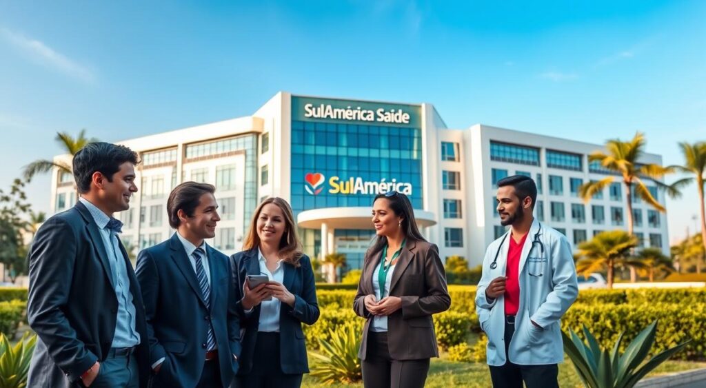 A vibrant and informative scene featuring a modern healthcare facility representing SulAmérica Saúde in Goiânia. In the foreground, a group of diverse medical professionals in professional business attire, discussing health care options, symbolizing collaboration and trust. In the middle ground, the contemporary building of the hospital with the SulAmérica logo prominently displayed, surrounded by green landscaping that signifies a welcoming atmosphere. The background features a clear blue sky, suggesting optimism and security. Soft, warm lighting highlights the professionals' expressions, conveying a sense of reassurance and commitment to patient care. The overall mood is professional yet inviting, embodying the essence of a reliable health insurance plan for doctors with active registrations and CNPJ. A vibrant and informative scene featuring a modern healthcare facility representing SulAmérica Saúde in Goiânia. In the foreground, a group of diverse medical professionals in professional business attire, discussing health care options, symbolizing collaboration and trust. In the middle ground, the contemporary building of the hospital with the SulAmérica logo prominently displayed, surrounded by green landscaping that signifies a welcoming atmosphere. The background features a clear blue sky, suggesting optimism and security. Soft, warm lighting highlights the professionals' expressions, conveying a sense of reassurance and commitment to patient care. The overall mood is professional yet inviting, embodying the essence of a reliable health insurance plan for doctors with active registrations and CNPJ.