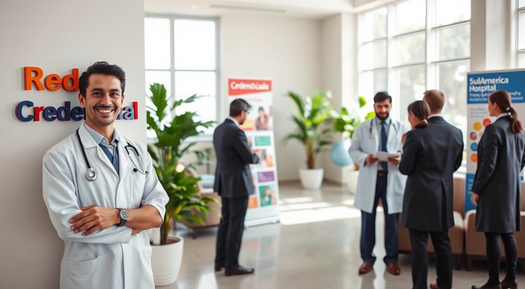 A welcoming healthcare office setting, featuring a friendly medical professional in a crisp, white lab coat, standing next to the vibrant "Rede Credenciada" sign. In the foreground, the medical professional is smiling and engaging with a group of well-dressed doctors discussing plans. The middle ground showcases brochures and informational displays about the Sulamerica hospital plan, emphasizing health and community. The background reveals a bright, modern waiting area with comfortable seating and lush green plants that foster a calming atmosphere. Soft, natural lighting filters through large windows, illuminating the space. The image conveys professionalism, trust, and the essence of premium healthcare services. A welcoming healthcare office setting, featuring a friendly medical professional in a crisp, white lab coat, standing next to the vibrant "Rede Credenciada" sign. In the foreground, the medical professional is smiling and engaging with a group of well-dressed doctors discussing plans. The middle ground showcases brochures and informational displays about the Sulamerica hospital plan, emphasizing health and community. The background reveals a bright, modern waiting area with comfortable seating and lush green plants that foster a calming atmosphere. Soft, natural lighting filters through large windows, illuminating the space. The image conveys professionalism, trust, and the essence of premium healthcare services.